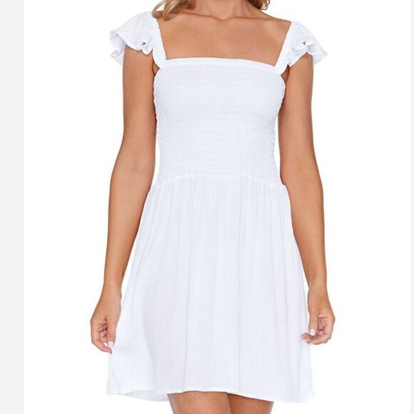 Raisins Juniors Tropical White Seersucker Dress Size M White Ruffle Sleeve NEW - Picture 1 of 11